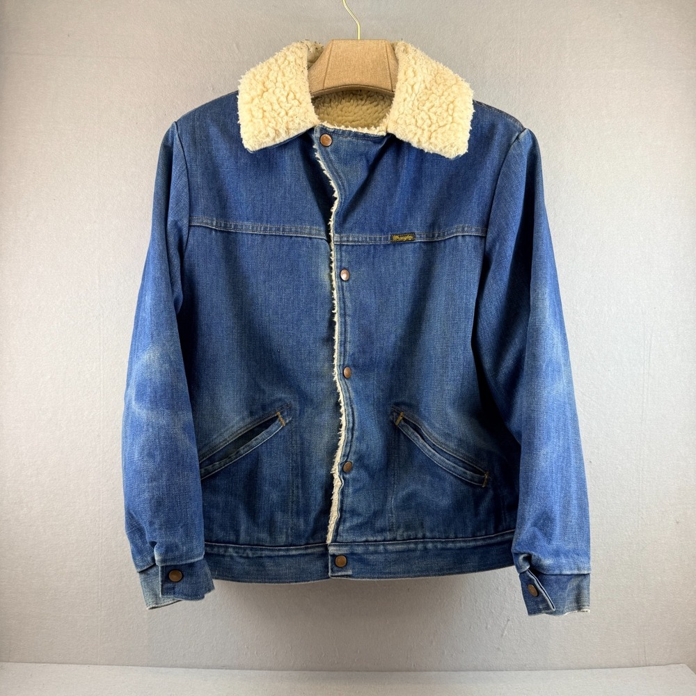 VTG 70s Wrangler Wrange Coat L Denim Sherpa Trucker Jacket Made in USA Cowboy